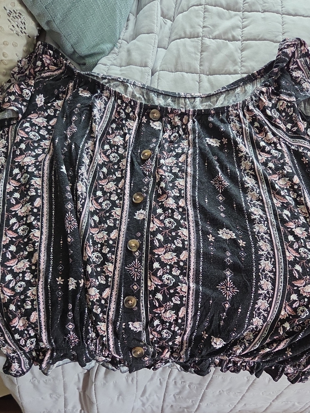 Mudd Black Floral Button-Front Off-Shoulder Top